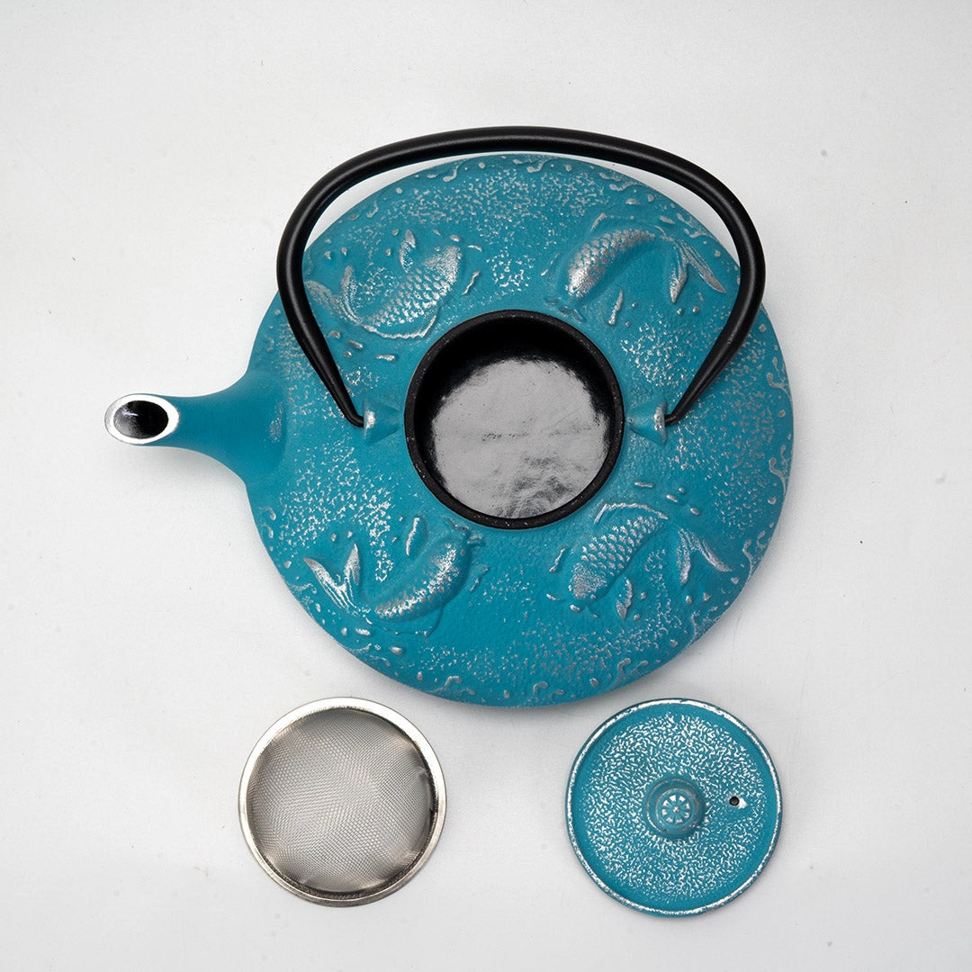 B Prize - Blue Koi Fish Design 27oz Cast Iron Tea Pot