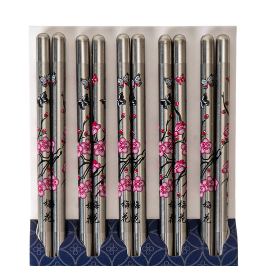E Prize - 5 Piece Cherry Blossoms Chopsticks Set Stainless Steel