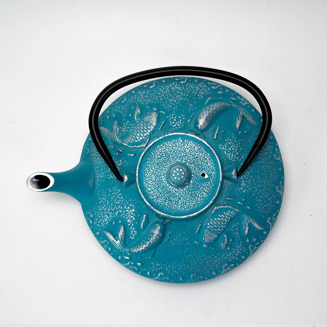 B Prize - Blue Koi Fish Design 27oz Cast Iron Tea Pot