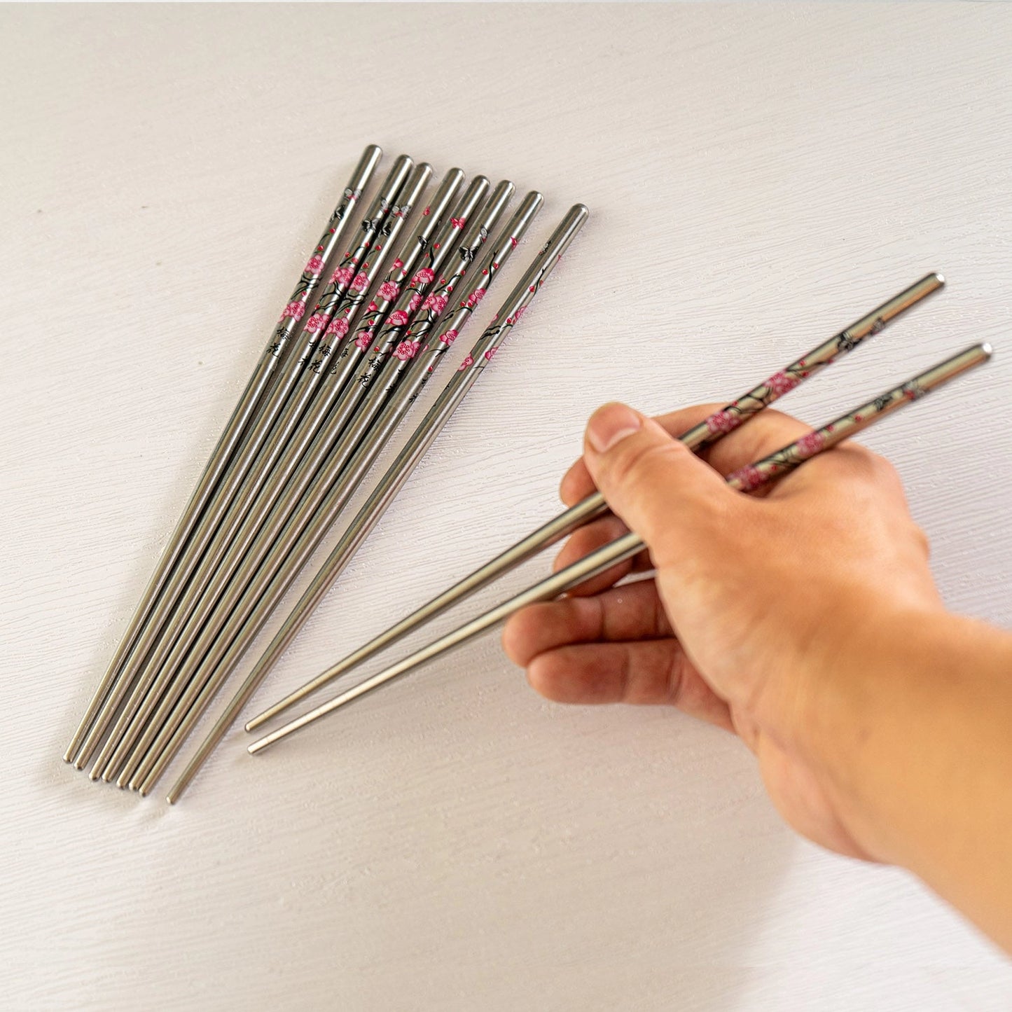 E Prize - 5 Piece Cherry Blossoms Chopsticks Set Stainless Steel