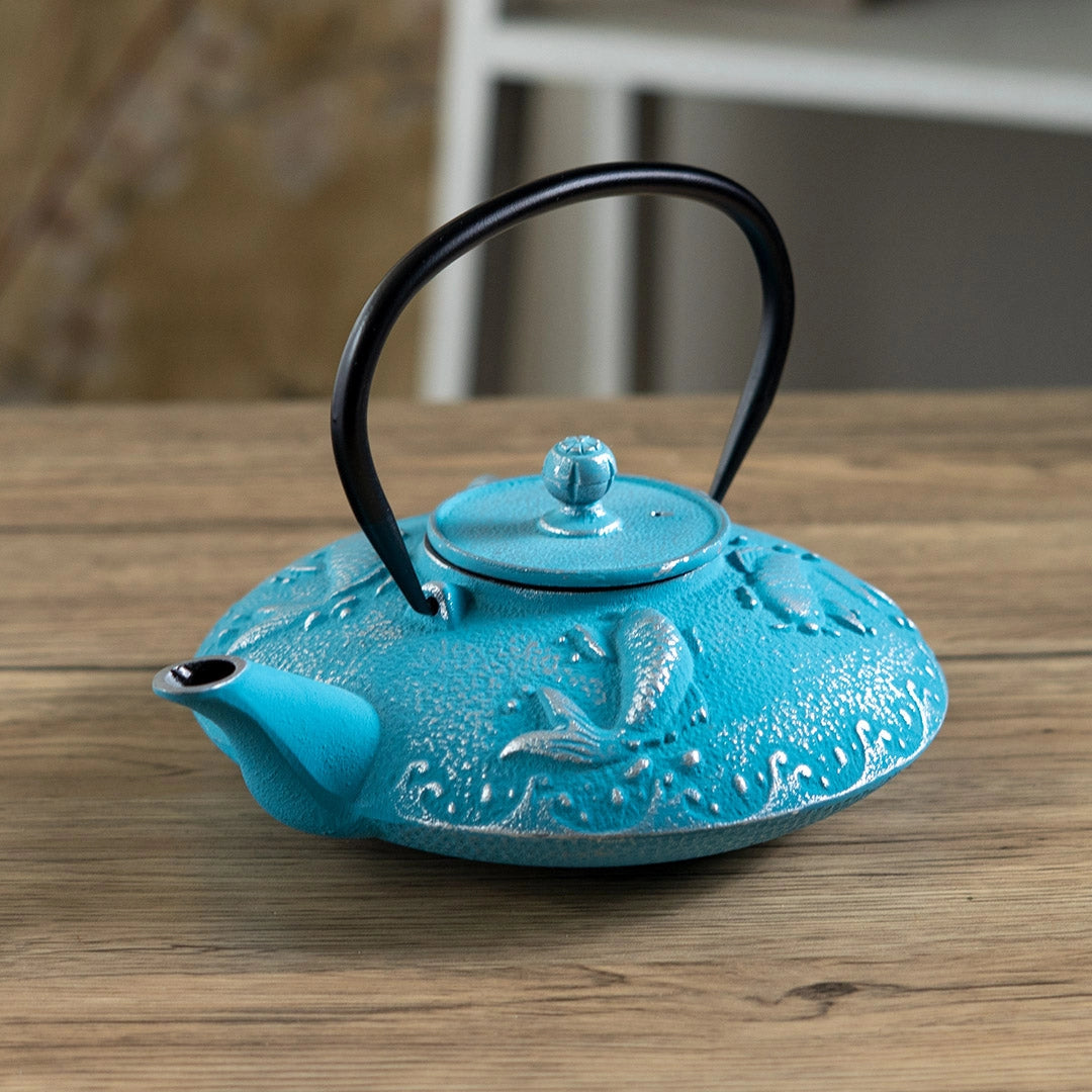 B Prize - Blue Koi Fish Design 27oz Cast Iron Tea Pot