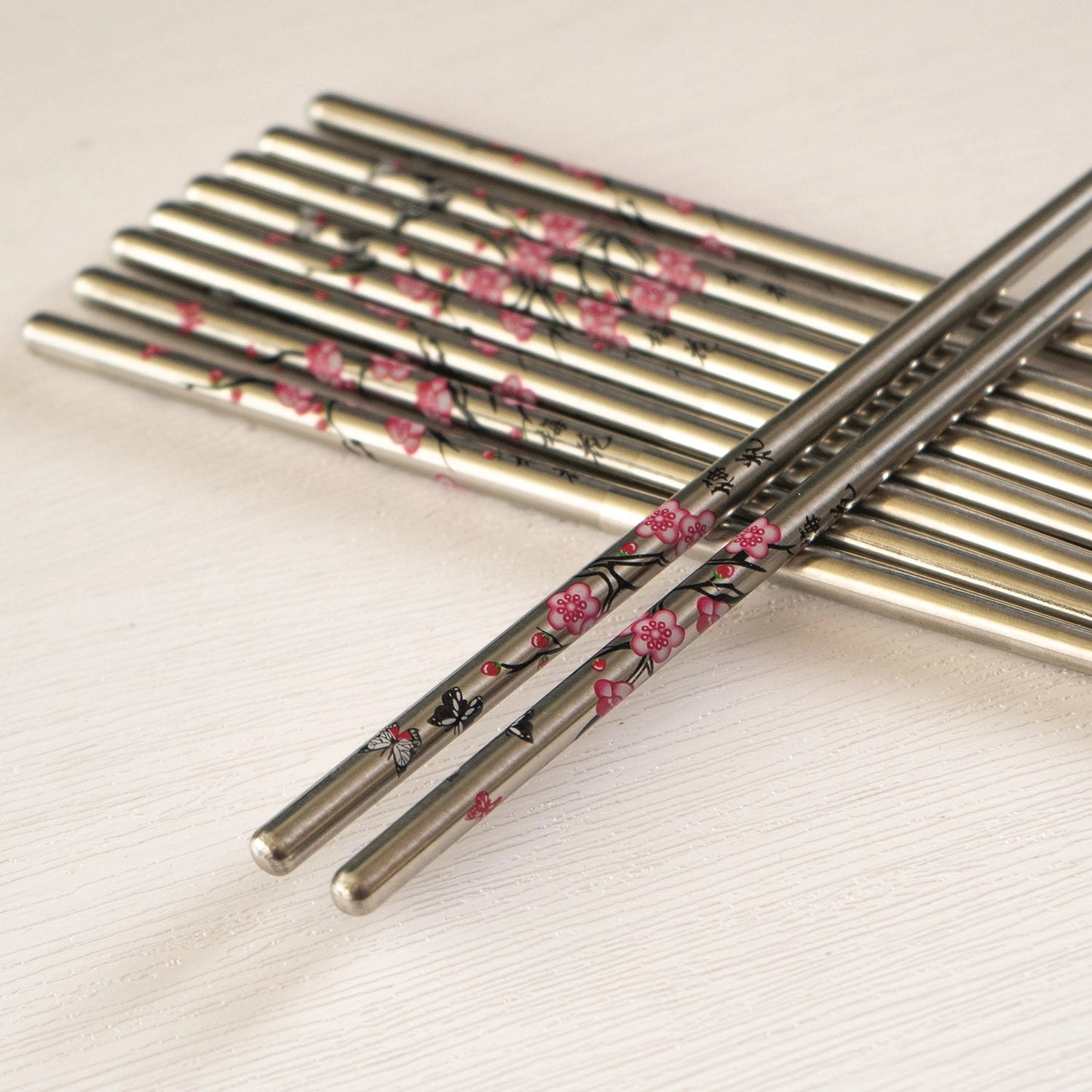 E Prize - 5 Piece Cherry Blossoms Chopsticks Set Stainless Steel