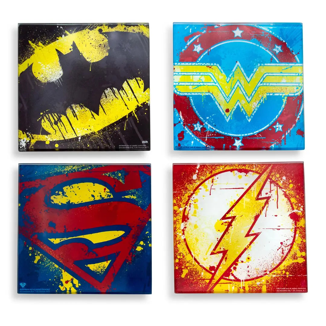 D Prize - Dc Superhero Logos 4 Piece Glass Coaster Set