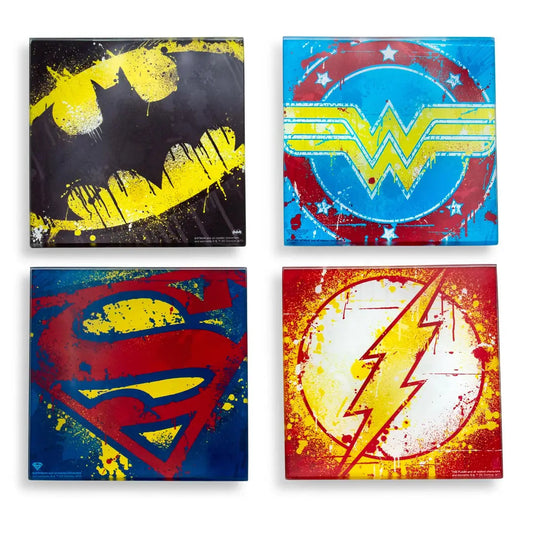 D Prize - Dc Superhero Logos 4 Piece Glass Coaster Set