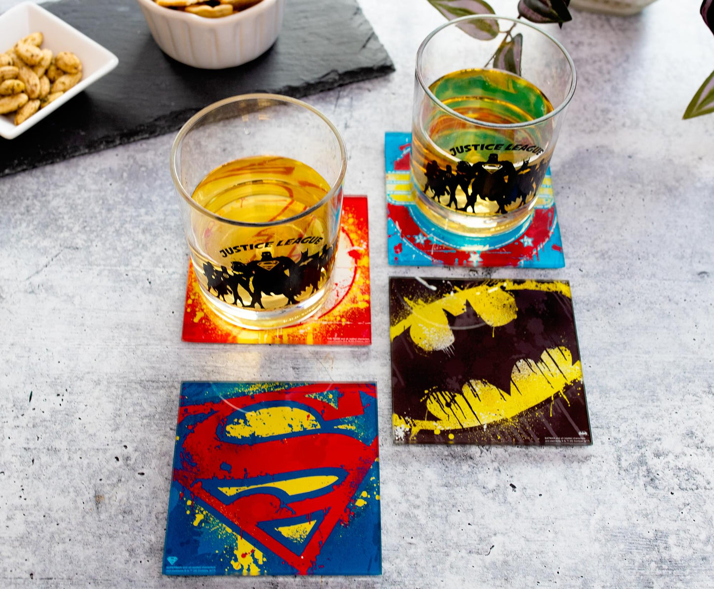 D Prize - Dc Superhero Logos 4 Piece Glass Coaster Set