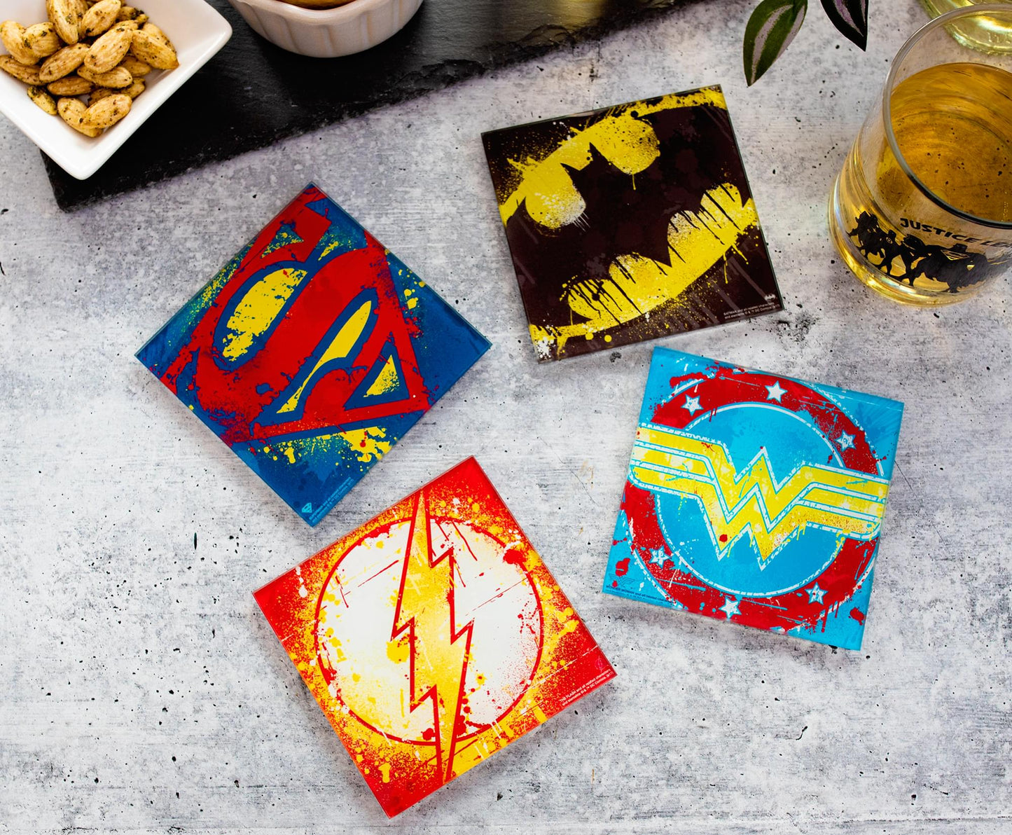 D Prize - Dc Superhero Logos 4 Piece Glass Coaster Set